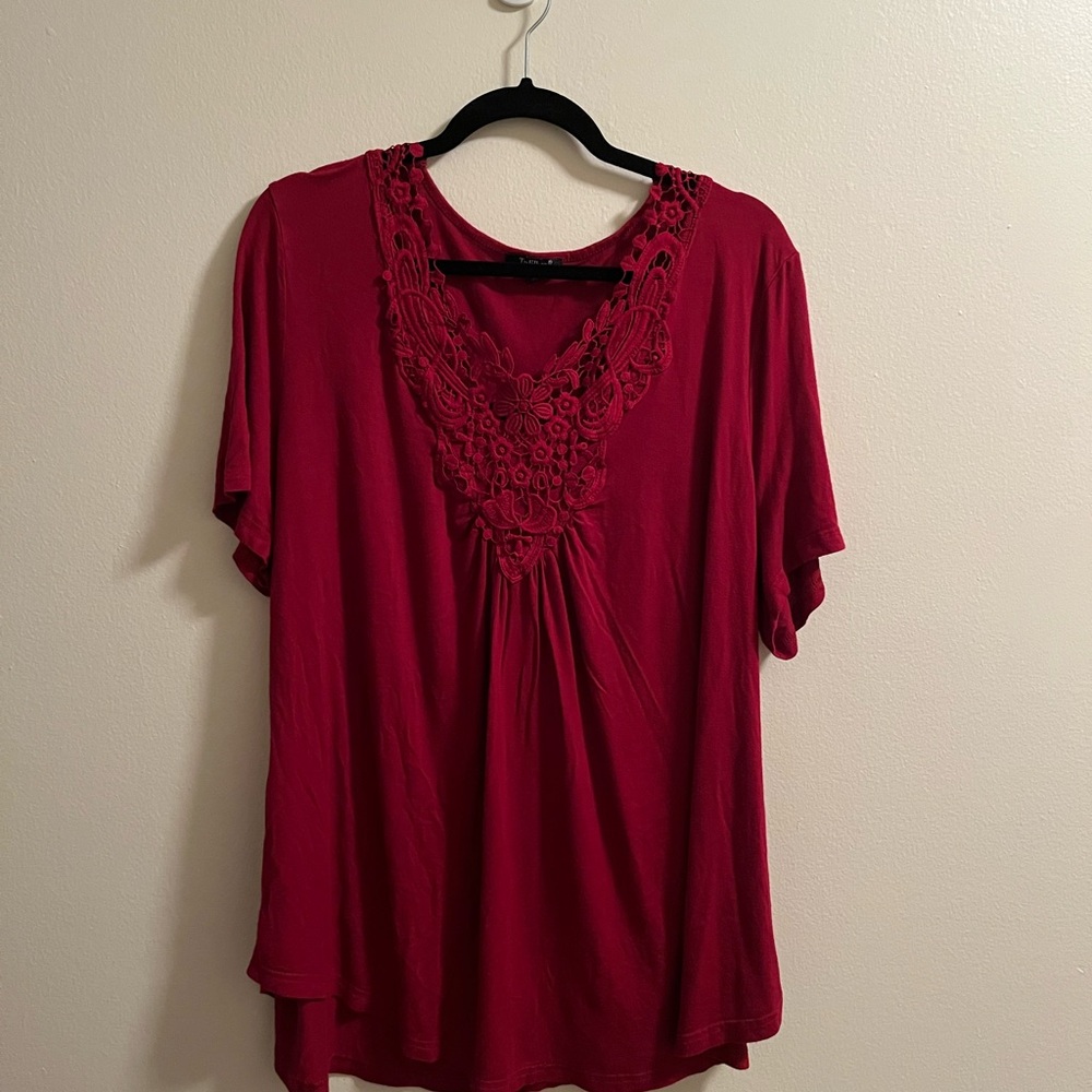 Red Embellished Short Sleeve Relaxed Blouse